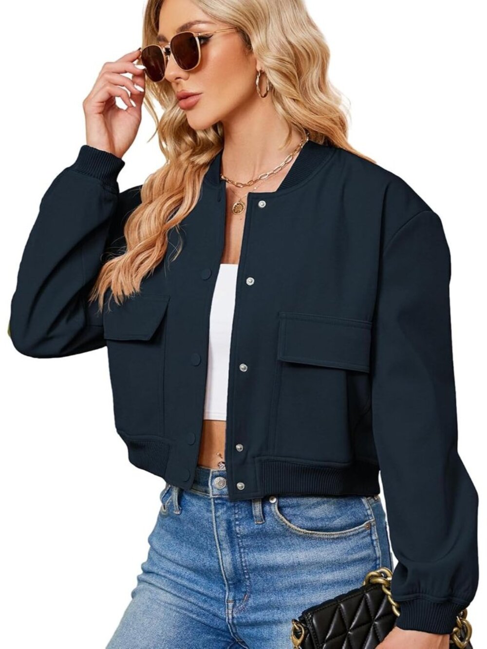 Women's Navy Stylish Short Trendy Casual Lightweight Side Pockets Bomber Jackets